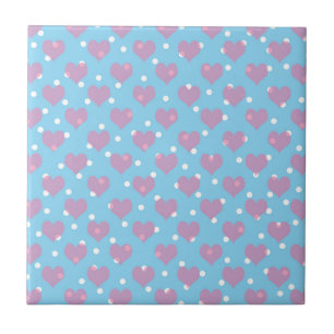 Azulejo De Cerámica Corazones rosados y puntos de polka blanco