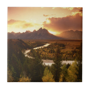 Azulejo De Cerámica Cordillera Teton al atardecer, desde el río Snake