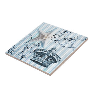 Azulejo De Cerámica corona marina con rayas azules de estrella de mar