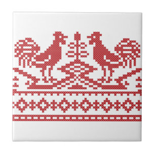 Azulejo De Cerámica Costilla cruzada del Rooster Rojo
