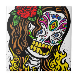 Azulejo De Cerámica Cráneo de azúcar de la flor chica