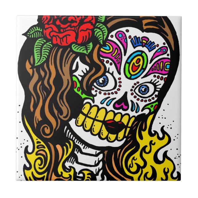 Azulejo De Cerámica Cráneo de azúcar de la flor chica (Frente)