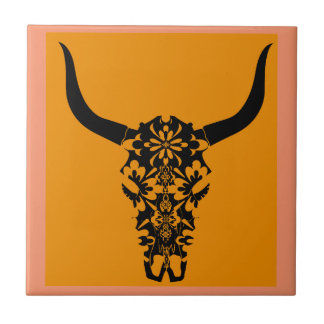 Azulejo De Cerámica cráneo-de-vaca-cuernos-salvaje-oeste-negro-blanco-