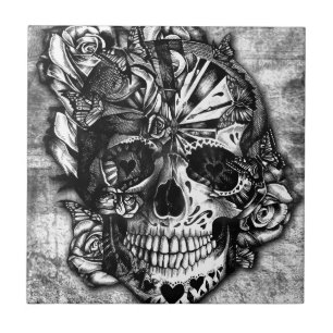 Azulejo De Cerámica Cráneo del azúcar del caramelo del Grunge en