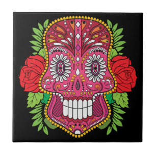 Azulejo De Cerámica Cráneo rosado del azúcar con las hojas del verde