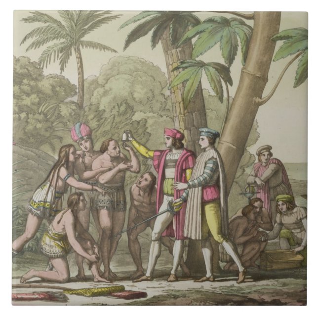 Azulejo De Cerámica Cristóbal Colón (1451-1506) con Ameri nativo (Frente)