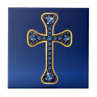 Azulejo De Cerámica Cruz cristiana con piedras de "zafiro"