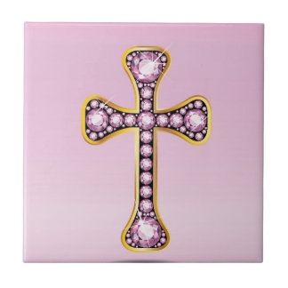Azulejo De Cerámica Cruz cristiana en oro con piedras de cuarzo Rosa