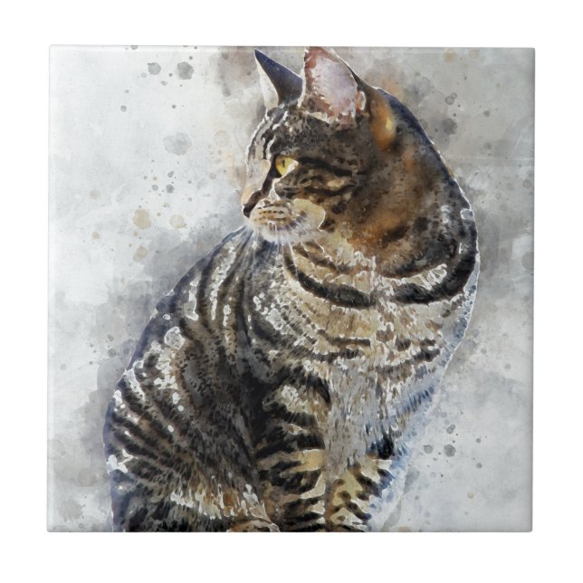 Azulejo De Cerámica Cuadros Tabby Cat Watercolor Art (Frente)