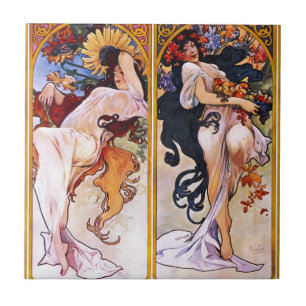 Azulejo De Cerámica Cuatro Estaciones por Alfons Mucha Art Deco Nouvea