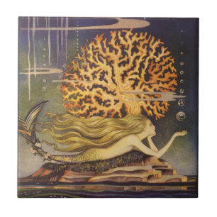 Azulejo De Cerámica Cuento de Hadas Antiguo, Sirena en Coral Oceánico