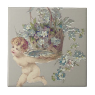 Azulejo De Cerámica Cupid Cherub Angel Forget-Me-Not