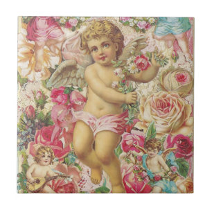 Azulejo De Cerámica Cupido victoriano y floral Rosa