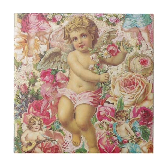 Azulejo De Cerámica Cupido victoriano y floral Rosa (Frente)