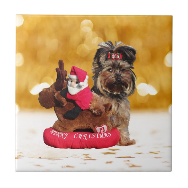 Azulejo De Cerámica Cute Yorkshire Terrier Merry Christmas (Frente)