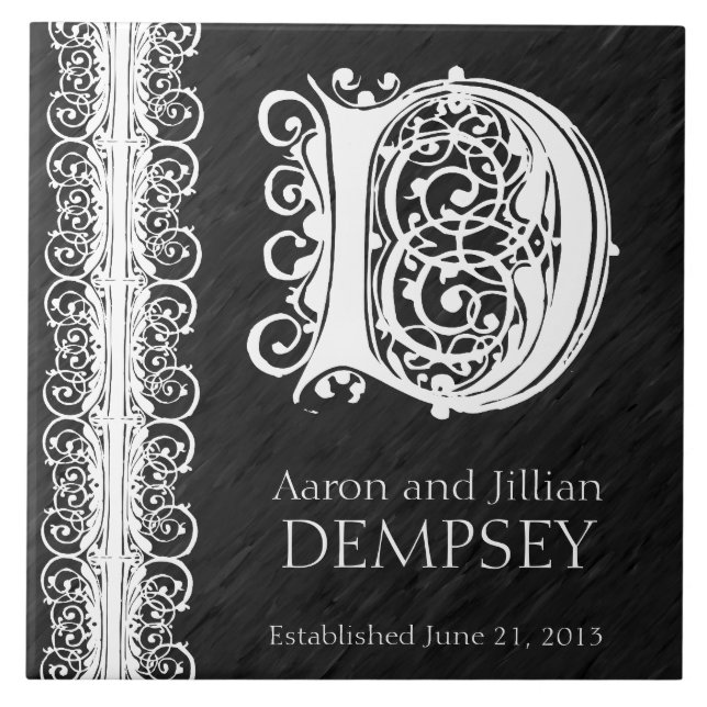 Azulejo De Cerámica D Monograma "Lazo blanco sobre negro" Boda Tile (Frente)