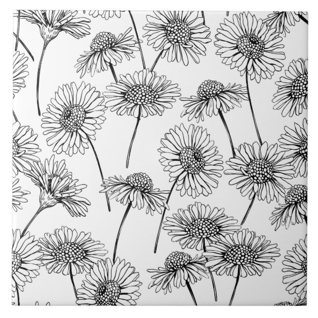 Azulejo De Cerámica Daisies, flores silvestres en blanco y negro (Frente)
