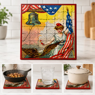 Azulejo De Cerámica Dama Vintage, Águila, Bandera y Campana de la Libe