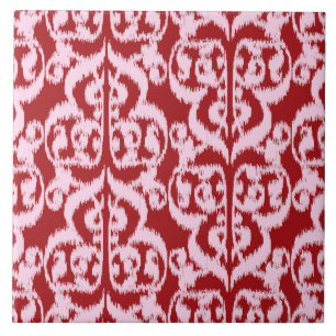 Azulejo De Cerámica Damasco árabe de Ikat - rojo oscuro y rosa