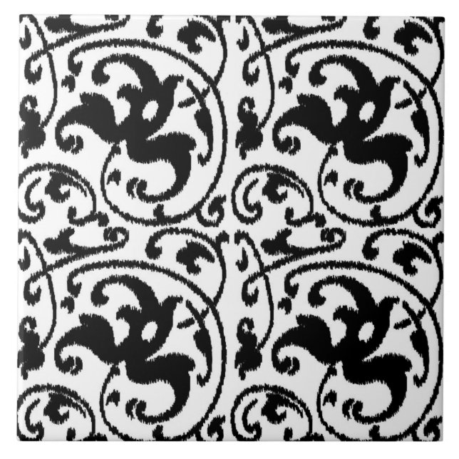 Azulejo De Cerámica Damasco con flores de Ikat - Blanco y negro (Frente)