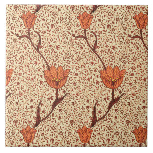 Azulejo De Cerámica Damasco, coral y beige del tulipán de Nouveau del