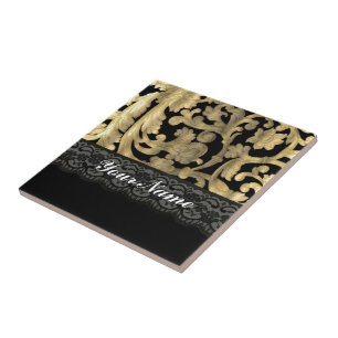 Azulejo De Cerámica Damasco de encaje negro y dorado