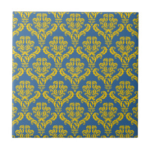 Azulejo De Cerámica Damasco estilo Imperio francés en amarillo y azul 