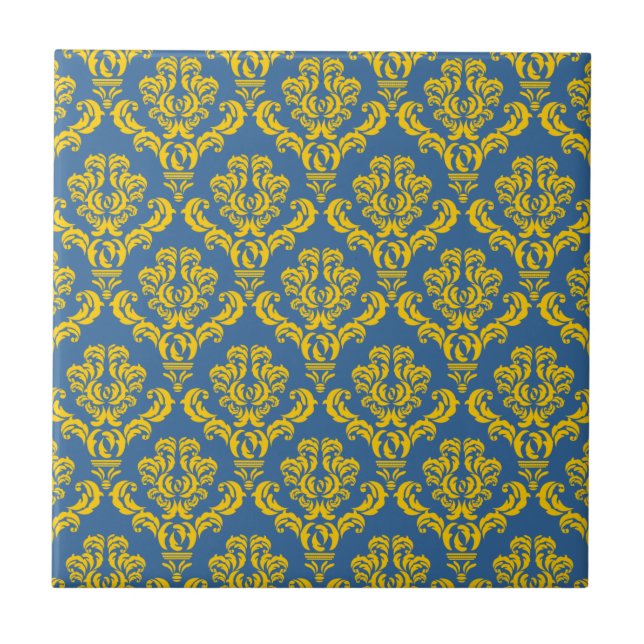 Azulejo De Cerámica Damasco estilo Imperio francés en amarillo y azul  (Frente)