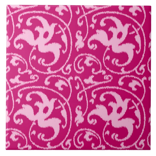Azulejo De Cerámica Damasco floral de Ikat - Fuchsia y rosa pálido (Frente)