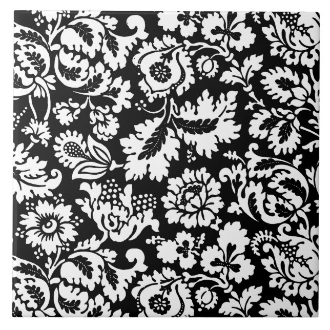 Azulejo De Cerámica Damasco floral de William Morris, blanco y negro (Frente)
