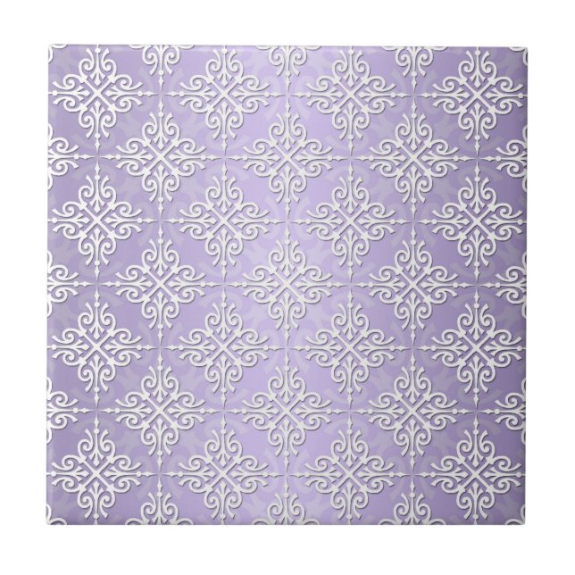 Azulejo De Cerámica Damasco morado y blanco de lavanda (Frente)