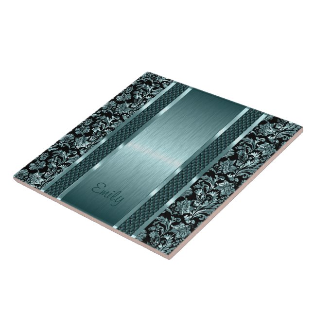 Azulejo De Cerámica Damascos florales de color verde claro metálico (Lado)