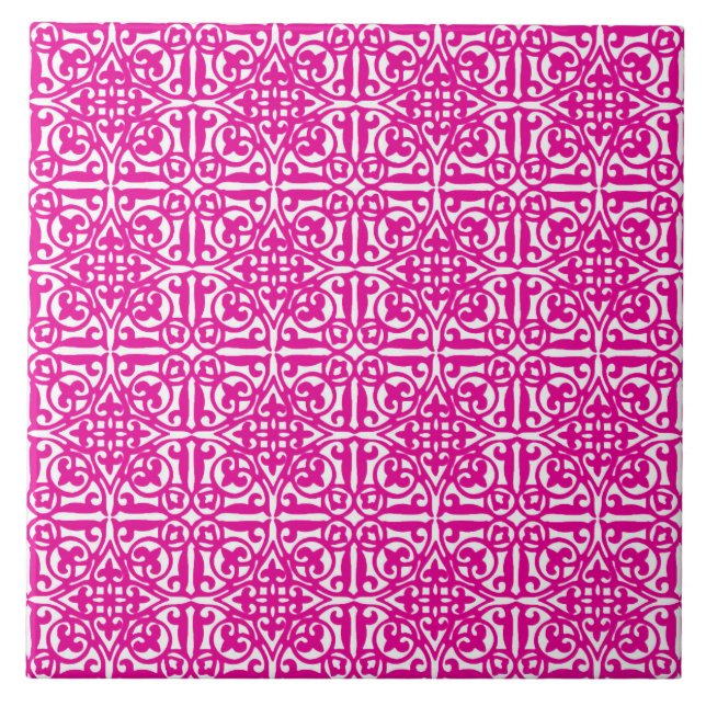 Azulejo De Cerámica Damask medieval Fleur-de-lis, magenta y blanco (Frente)