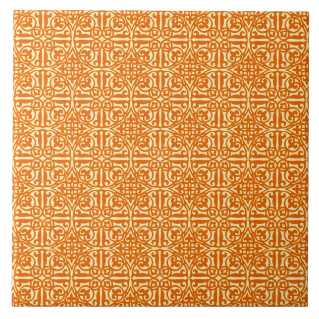 Azulejo De Cerámica Damask medieval Fleur-de-lis, naranja de mandarina