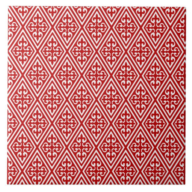 Azulejo De Cerámica Damask medieval Fleur-de-lis, rojo y blanco (Frente)