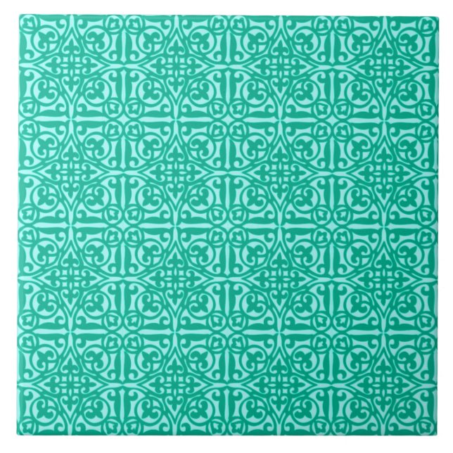 Azulejo De Cerámica Damask medieval Fleur-de-lis, turquesa y aqua (Frente)