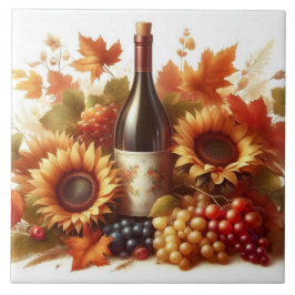 Azulejo de cerámica de cosecha de girasoles y vino