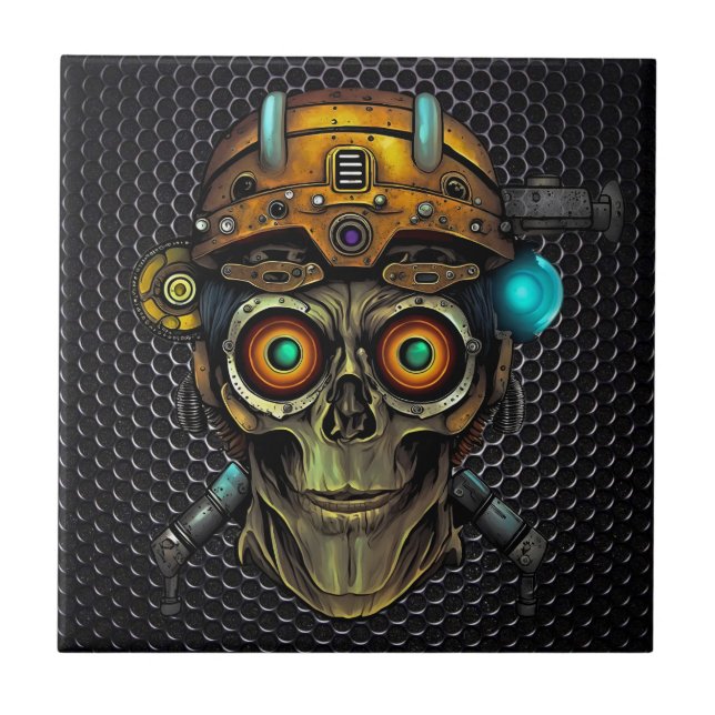 Azulejo de cerámica de cráneo de Cyborg Steampunk (Frente)