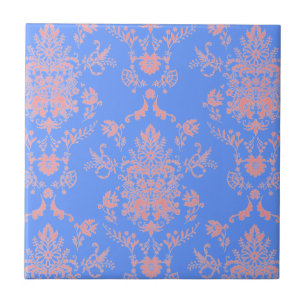 Azulejo de cerámica de damasco rosa y azul