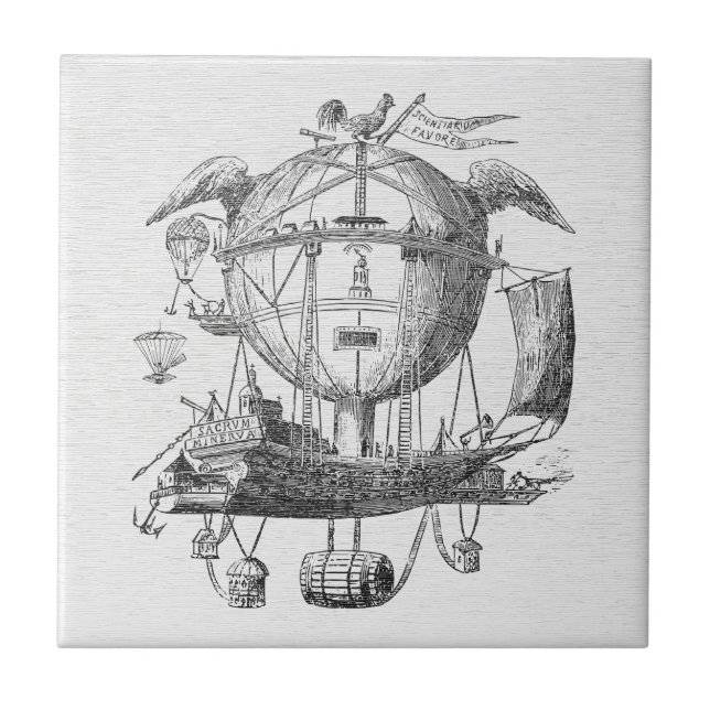 Azulejo de cerámica de dirigible steampunk vintage (Frente)