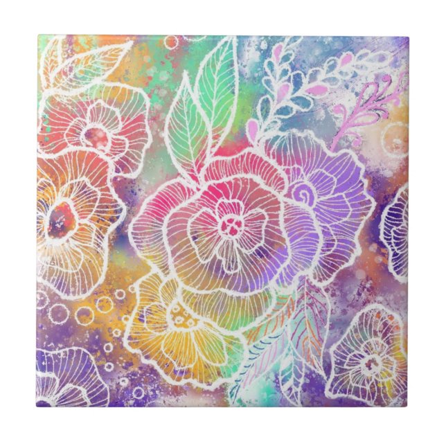 Azulejo de cerámica de flores coloridas (Frente)