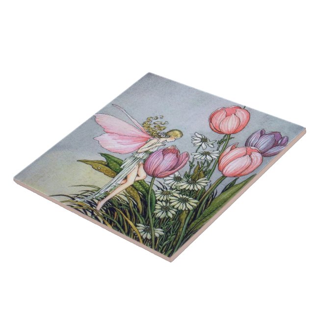 Azulejo de cerámica de hada con tulipanes (Lado)