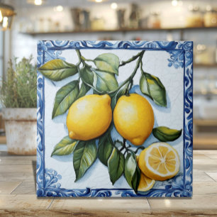 Azulejo de cerámica de limón con borde azul clásic