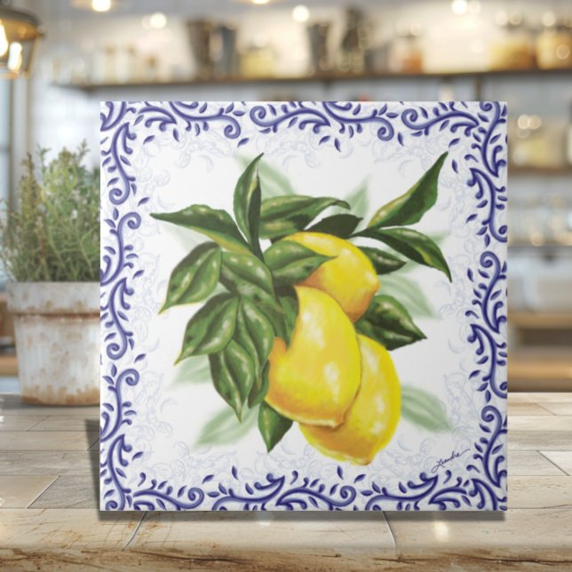 Azulejo de Cerámica de Limones y Filigrana para Co (Italian Lemons with Blue Toile Ceramic Tile European Country Kitchen Decor)