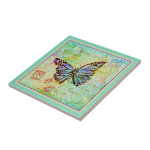 Azulejo de cerámica de mariposa verde azulado y pú