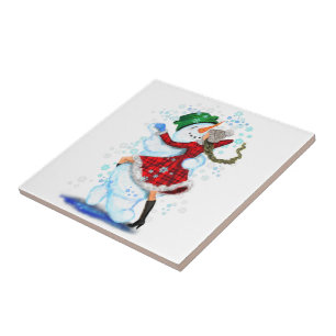 Azulejo de cerámica de Navidad con muñeco de nieve
