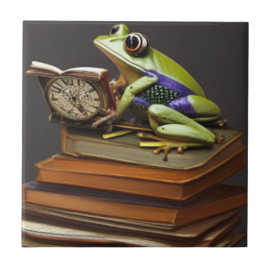 Azulejo de cerámica de rana y reloj Steampunk