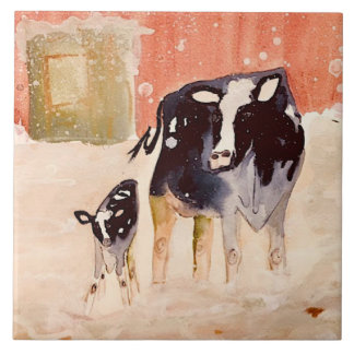 Azulejo de cerámica de vaca y ternera madre linda
