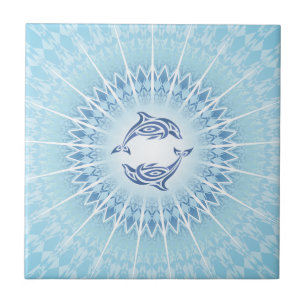 Azulejo De Cerámica Delfines Mandala Azul Costero Océano