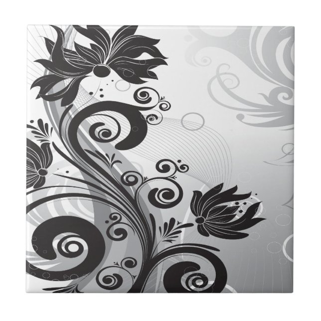 Azulejo De Cerámica Delicadeza floral negra y blanca (Frente)